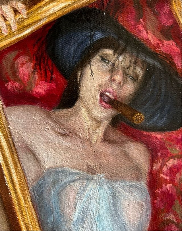 Cuadro al óleo mujer con sombrero y puro