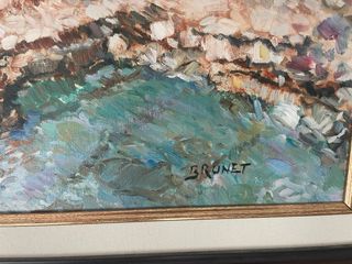 Cuadro al óleo de puerto con barcos