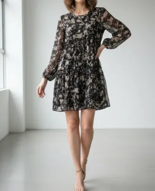 Vestido Curto Boho Floral Preto e Bege
