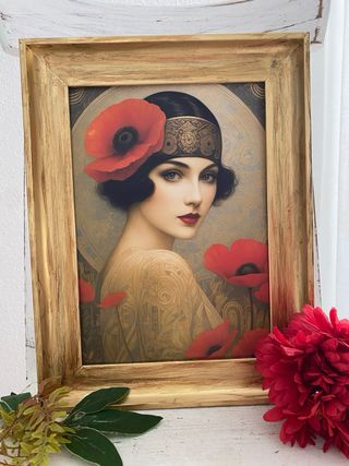 Cuadro dorado envejecido mujer Art Déco y amapolas