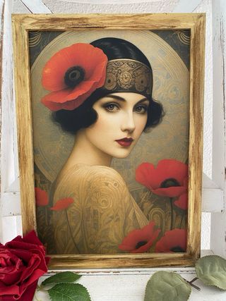Cuadro dorado envejecido mujer Art Déco y amapolas
