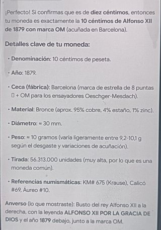 Moneda 10 Céntimos Alfonso XII 1879 OM