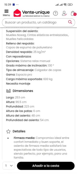 Sofá rinconera relax CANBY negro