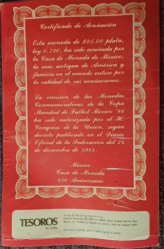 Moneda Plata Mundial México 86