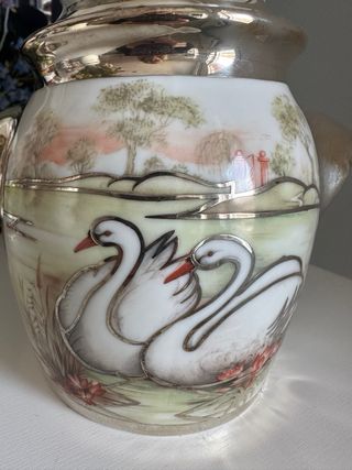 Jarrón Porcelana Bohemia Cisnes Paisaje