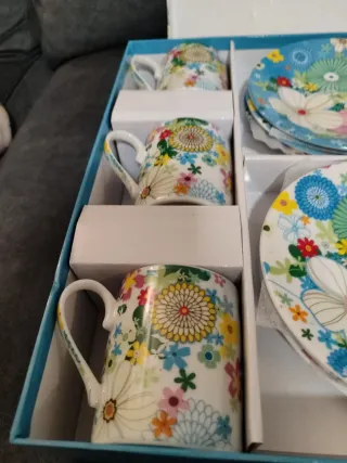 Juego 6 tazas con platos floral