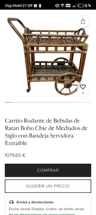 Carro bar madera bambú ratán S.XIX retro Boho Chic