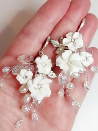 Pendientes Flores Porcelana y Perlas