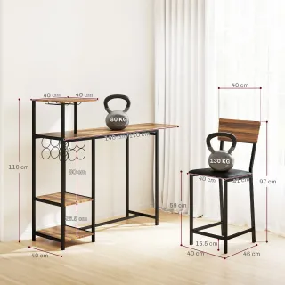 Set Bancone Bar Pieghevole e 2 Sgabelli Alti con S