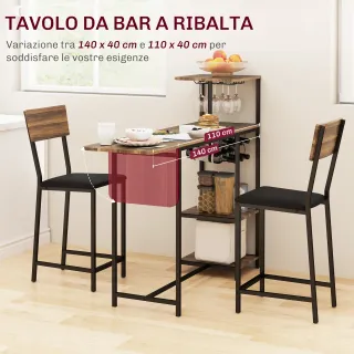 Set Bancone Bar Pieghevole e 2 Sgabelli Alti con S