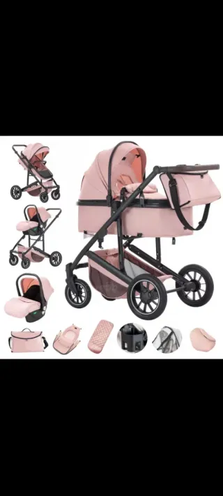 Carro de bebé rosa 3 piezas