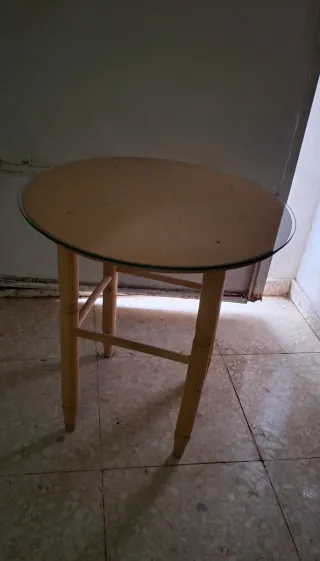 Mesa auxiliar redonda madera y cristal