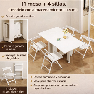 Mesa extensible con almacenamiento y 4 sillas