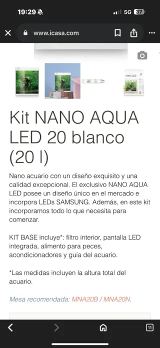 Acuario Nano Agua LED 20L Blanco