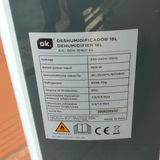 Deshumidificador OK. 16L/día