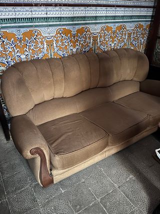 Sofá 3 plazas / 2 sillones tela y madera