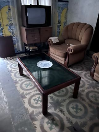 Sofá 3 plazas / 2 sillones tela y madera