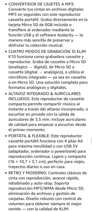 KLIM K10 Reproductor Cassette Portátil y Grabadora