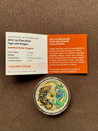 Plata 1 oz 2018 Tigre y Dragón Coloreada