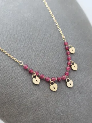 Collar Corazones y Perlas Rojas Baño Oro