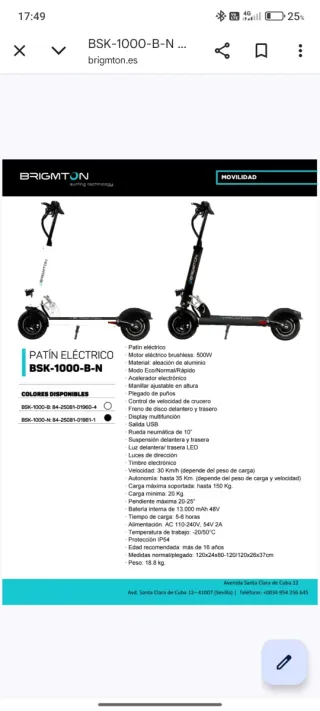 Patinete Eléctrico Brigmton BSK-1000-B-N
