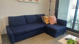 Sofá Cama 3 Plazas Chaise Longue Azul