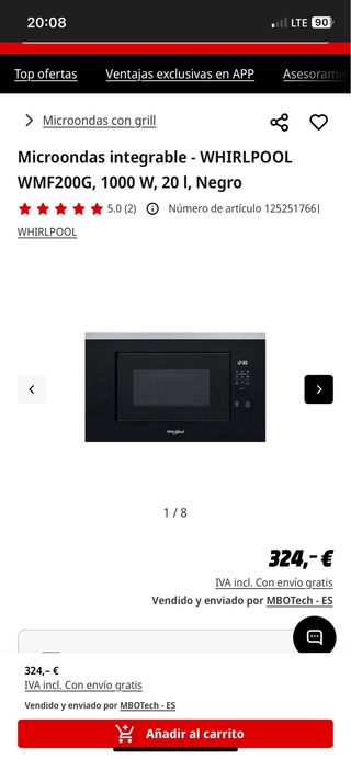 Microondas Whirlpool empotrable negro