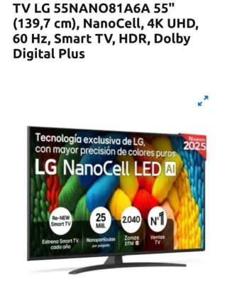 TV LG NanoCell 55" 4K AI ThinQ. 55NANO81A6A