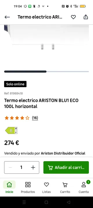 Termo eléctrico Ariston 100L horizontal