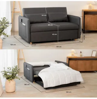 Sofá cama 2 plazas 3 en 1 - Tela.