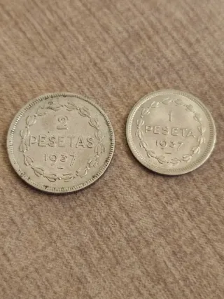 Monedas 1 y 2 Pesetas 1937 Gobierno EUZKADI