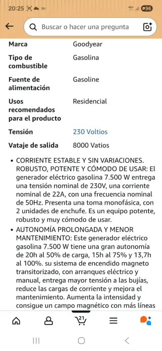 Generador eléctrico goodyear 8000w 230v