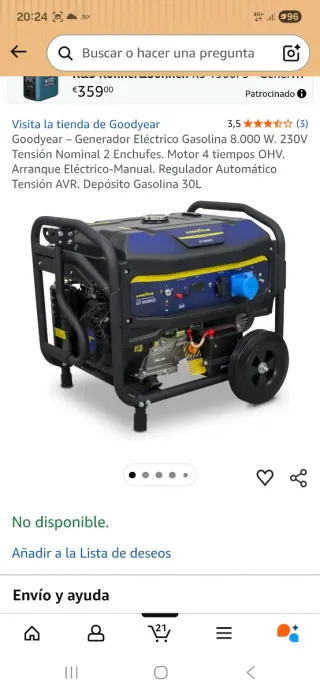 Generador eléctrico goodyear 8000w 230v