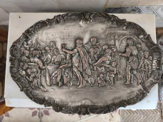 Bandeja bronce plateado Santa Cena y Bodas Cana.