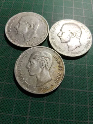 3 Monedas 5 pesetas Plata Española