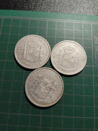 3 Monedas 5 pesetas Plata Española