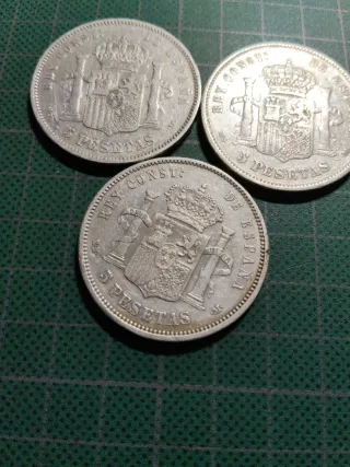 3 Monedas 5 pesetas Plata Española