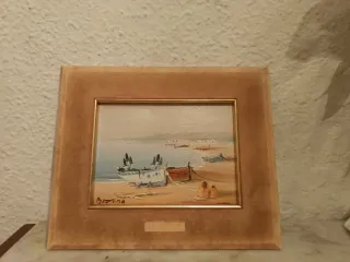 Óleo firmado Bastida playa barcas