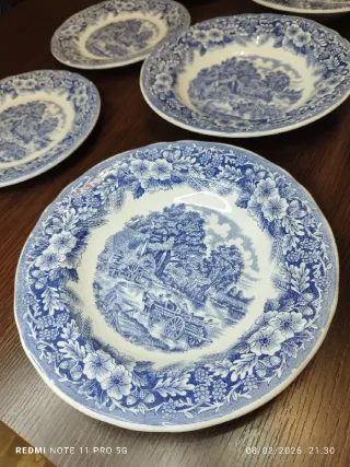 9 Platos Cerámica Italiana Azul y Blanco