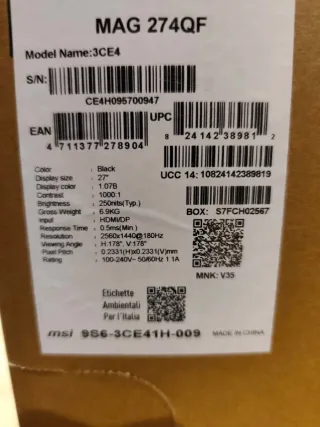 Monitor PC 27 MSI MAG 274QF WQHD 180hz
