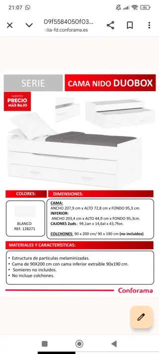Cama nido Conforama blanca con cajones
