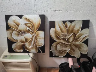 Set 2 Cuadros Flores Negro y Dorado