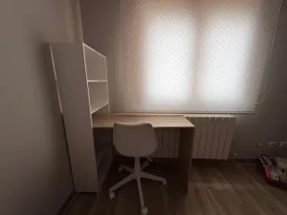 Escritorio y estantería de madera y plástico