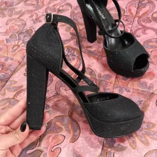 Sandali neri glitter tacco largo plateau 40
