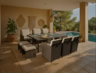 Conjunto mesa y sillas ratán jardín cristal