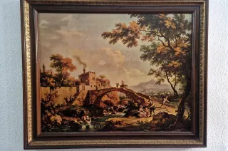 Cuadro acuarela paisaje puente antiguo