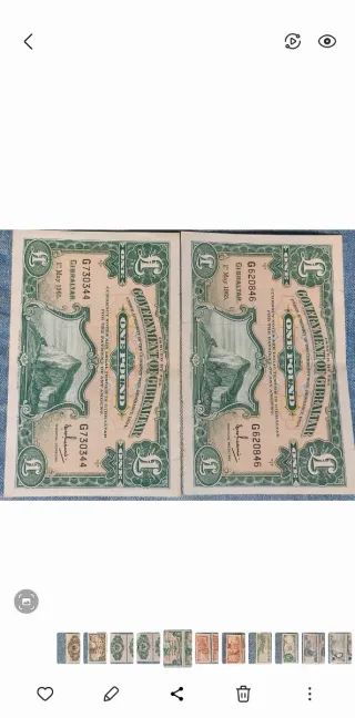 2 Billetes 1 Libra Gibraltar Antiguos 1965