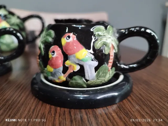 Juego de té de cerámica con loros