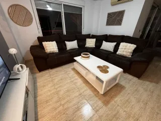 Sofá modular marrón tela con asientos corredizos