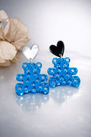 Pendientes Oso Azul Corazón Plata